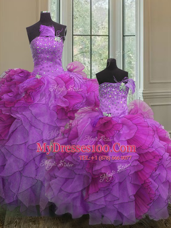 Fine Multi-color Ball Gowns Strapless Sleeveless Organza Floor Length Lace Up Beading and Ruffles Quinceanera Gowns