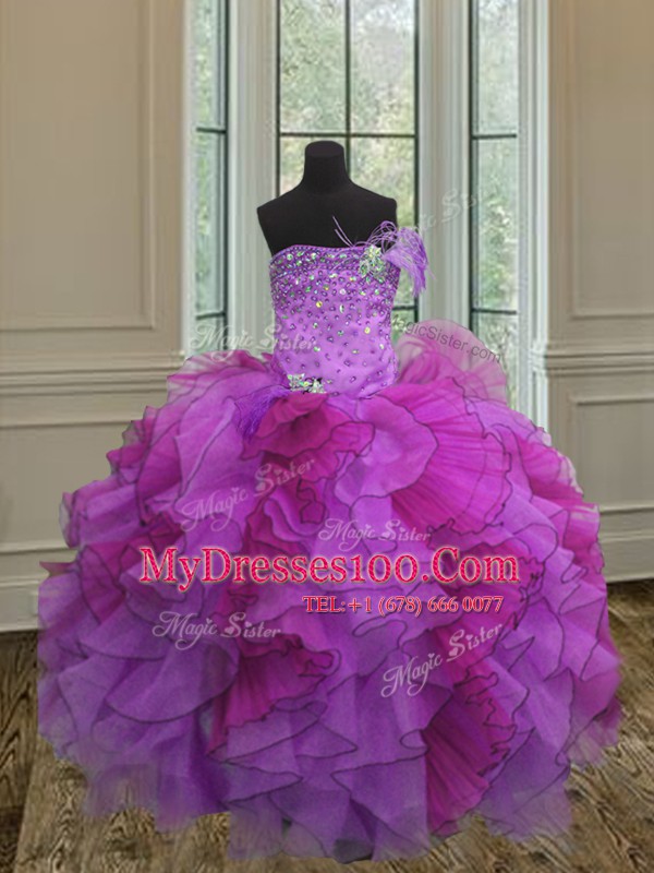 Fine Multi-color Ball Gowns Strapless Sleeveless Organza Floor Length Lace Up Beading and Ruffles Quinceanera Gowns