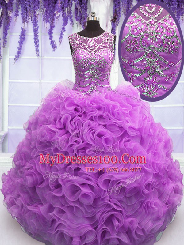 Cute Lilac Organza Lace Up Scoop Sleeveless Floor Length Quinceanera Gowns Beading and Ruffles