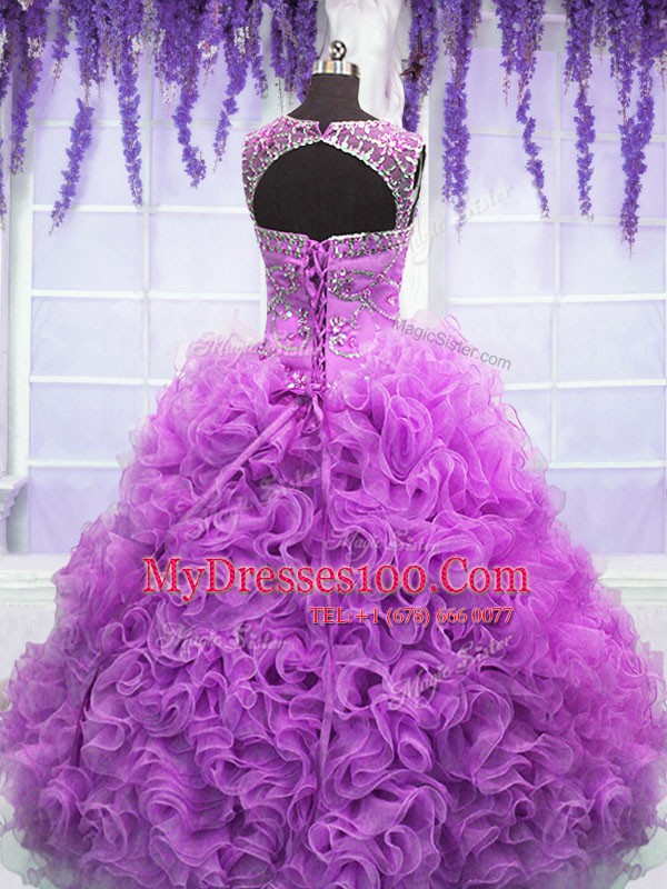 Cute Lilac Organza Lace Up Scoop Sleeveless Floor Length Quinceanera Gowns Beading and Ruffles