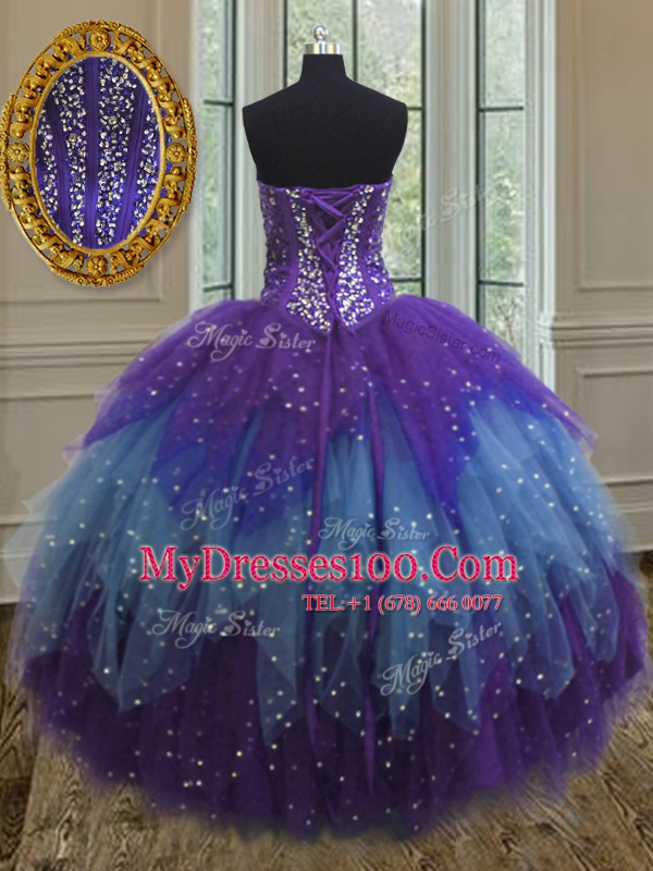 Three Piece Sleeveless Beading and Ruffles and Sequins Lace Up Ball Gown Prom Dress