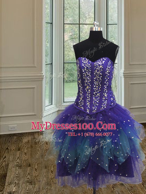 Three Piece Sleeveless Beading and Ruffles and Sequins Lace Up Ball Gown Prom Dress