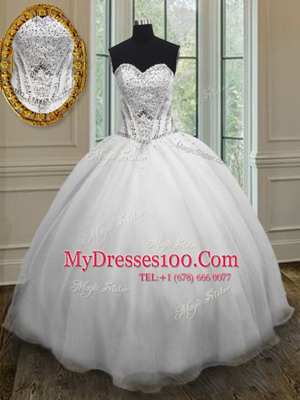 Dramatic Sweetheart Sleeveless Lace Up Ball Gown Prom Dress White Organza