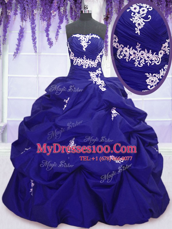 Royal Blue Lace Up Strapless Appliques and Pick Ups 15 Quinceanera Dress Taffeta Sleeveless