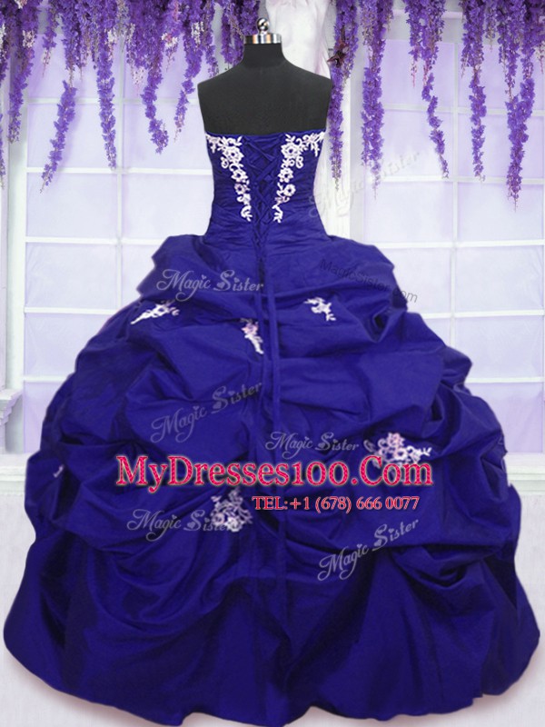 Royal Blue Lace Up Strapless Appliques and Pick Ups 15 Quinceanera Dress Taffeta Sleeveless