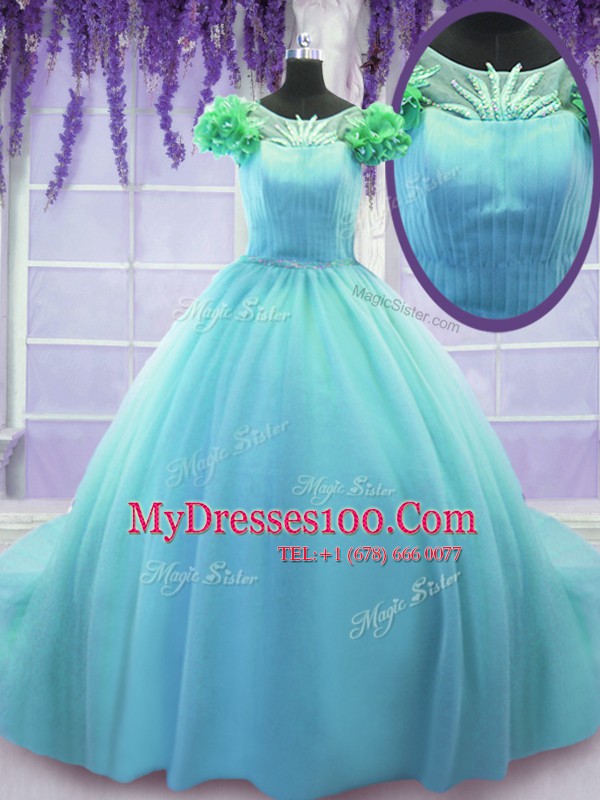 Scoop Short Sleeves Court Train Hand Made Flower Lace Up Quinceanera Gown