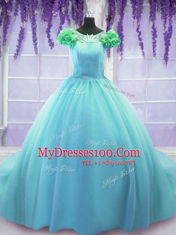 Scoop Short Sleeves Court Train Hand Made Flower Lace Up Quinceanera Gown