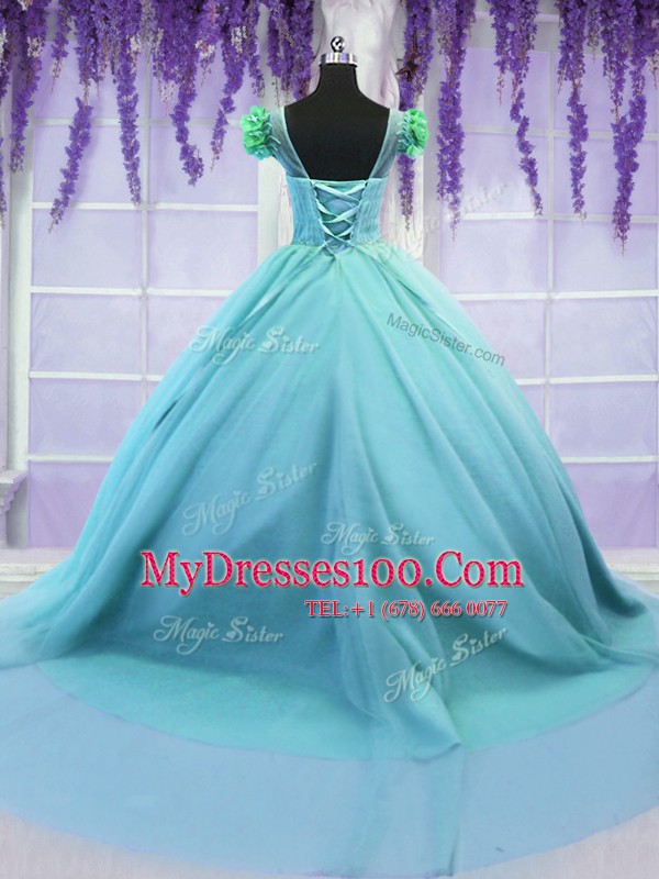 Scoop Short Sleeves Court Train Hand Made Flower Lace Up Quinceanera Gown