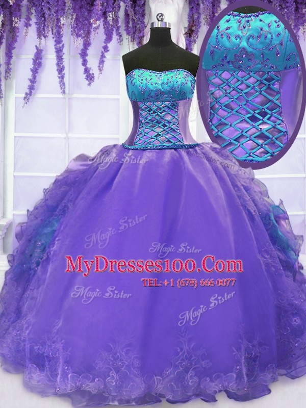 Custom Made Strapless Sleeveless Organza Sweet 16 Dress Embroidery and Ruffles Lace Up