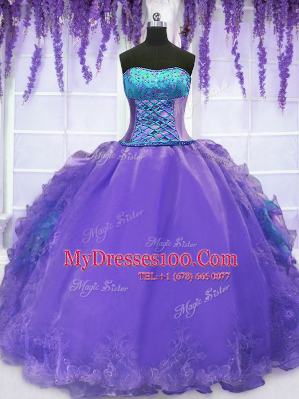 Custom Made Strapless Sleeveless Organza Sweet 16 Dress Embroidery and Ruffles Lace Up