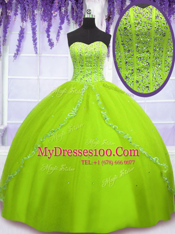 Yellow Green Sleeveless Floor Length Beading Lace Up Ball Gown Prom Dress