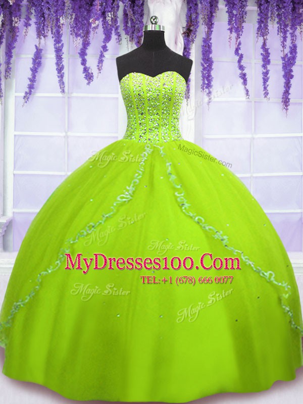 Yellow Green Sleeveless Floor Length Beading Lace Up Ball Gown Prom Dress
