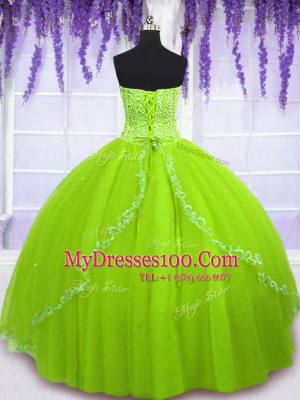 Yellow Green Sleeveless Floor Length Beading Lace Up Ball Gown Prom Dress