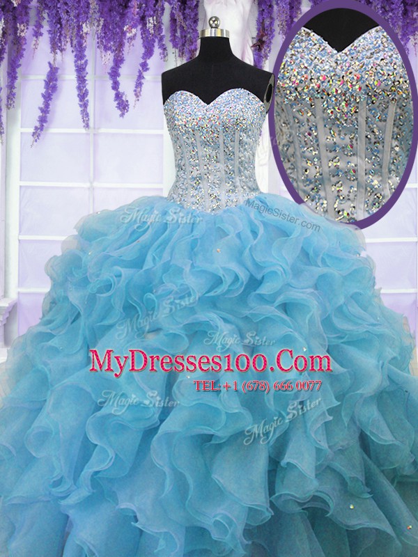 Charming Baby Blue Lace Up Vestidos de Quinceanera Ruffles and Sequins Sleeveless Floor Length