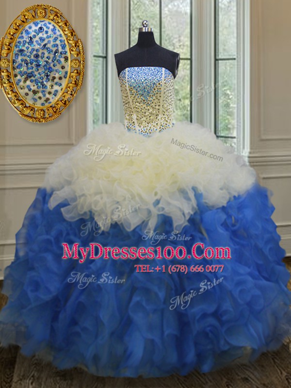 Blue And White Sleeveless Beading and Ruffles Floor Length Ball Gown Prom Dress