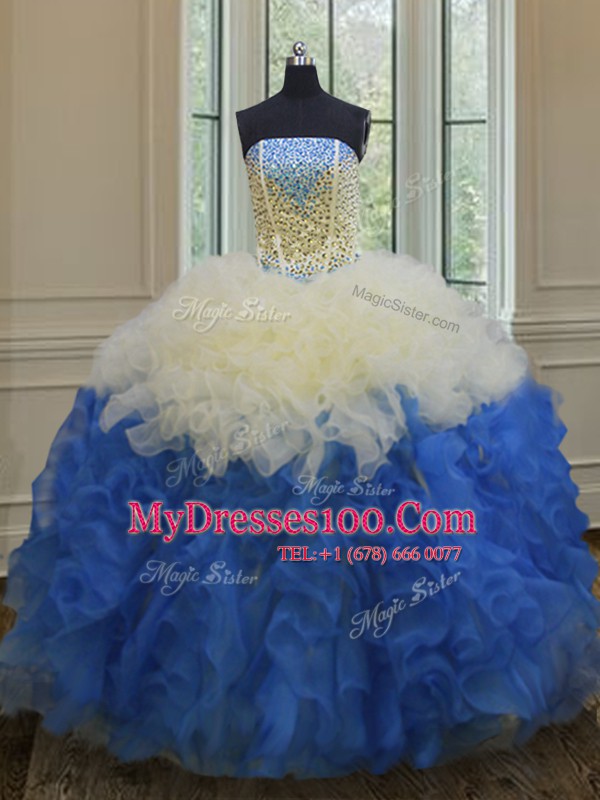 Blue And White Sleeveless Beading and Ruffles Floor Length Ball Gown Prom Dress