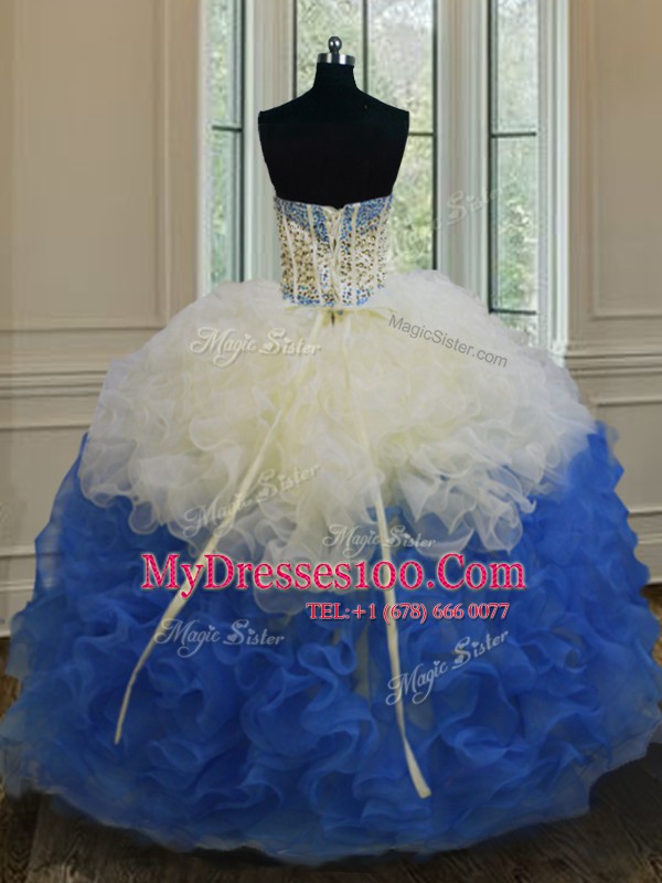 Blue And White Sleeveless Beading and Ruffles Floor Length Ball Gown Prom Dress