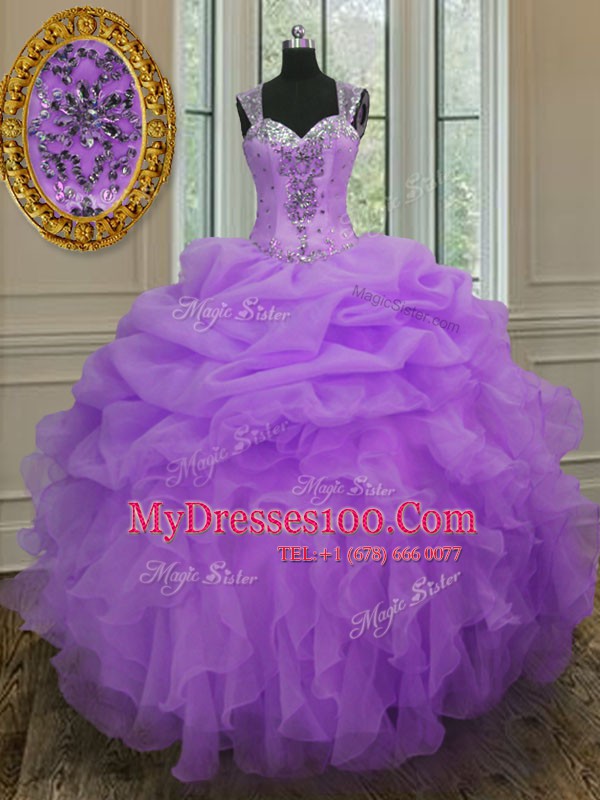 Straps Floor Length Ball Gowns Sleeveless Lavender Quinceanera Gowns Zipper