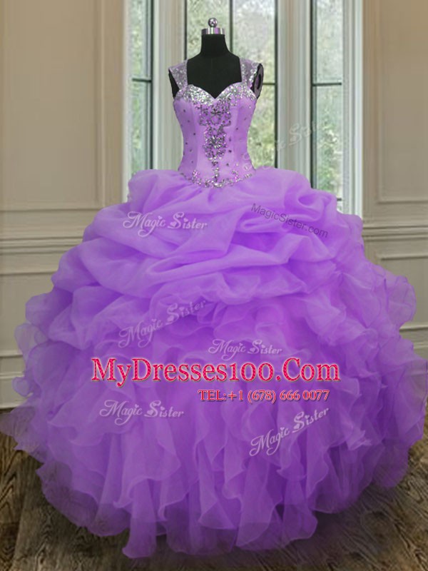 Straps Floor Length Ball Gowns Sleeveless Lavender Quinceanera Gowns Zipper