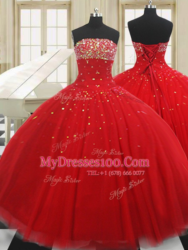 Elegant Red Tulle Lace Up Strapless Sleeveless Floor Length Quince Ball Gowns Beading