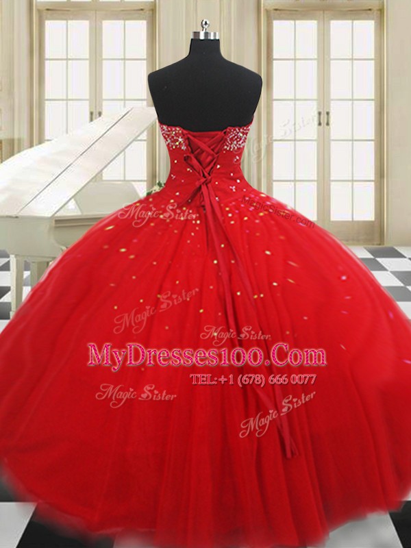 Elegant Red Tulle Lace Up Strapless Sleeveless Floor Length Quince Ball Gowns Beading