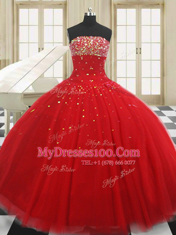 Elegant Red Tulle Lace Up Strapless Sleeveless Floor Length Quince Ball Gowns Beading