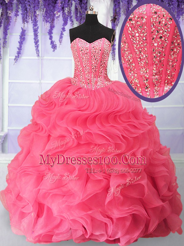 Clearance Beading and Ruffles Sweet 16 Dresses Rose Pink Lace Up Sleeveless Floor Length