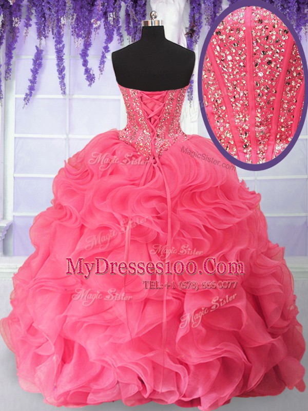 Clearance Beading and Ruffles Sweet 16 Dresses Rose Pink Lace Up Sleeveless Floor Length