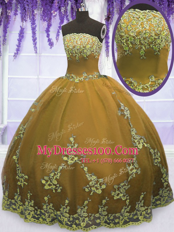 Romantic Brown Zipper Quince Ball Gowns Appliques Sleeveless Floor Length