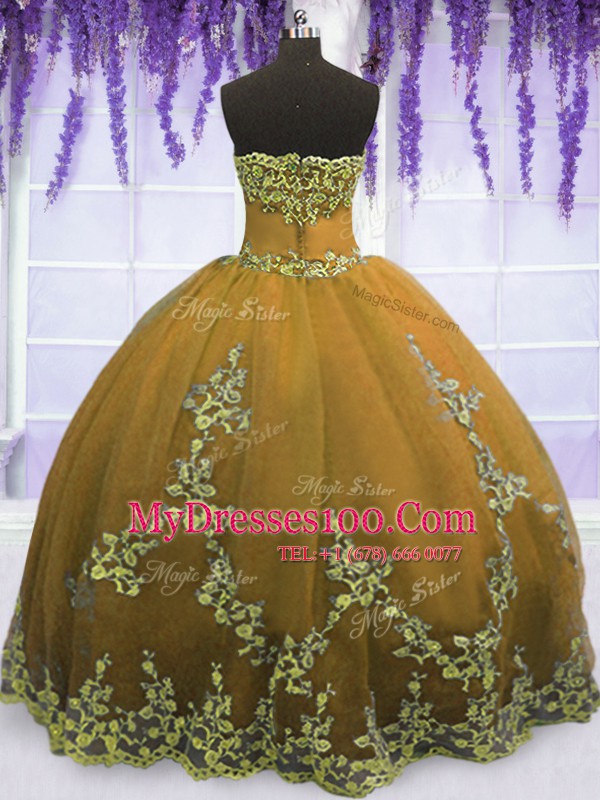 Romantic Brown Zipper Quince Ball Gowns Appliques Sleeveless Floor Length