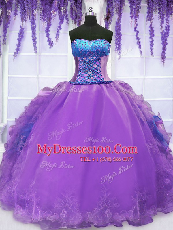 Purple Organza Lace Up 15 Quinceanera Dress Sleeveless Floor Length Embroidery and Ruffles