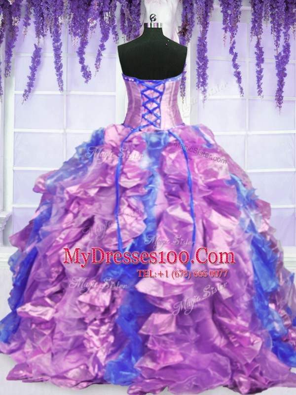 Purple Organza Lace Up 15 Quinceanera Dress Sleeveless Floor Length Embroidery and Ruffles
