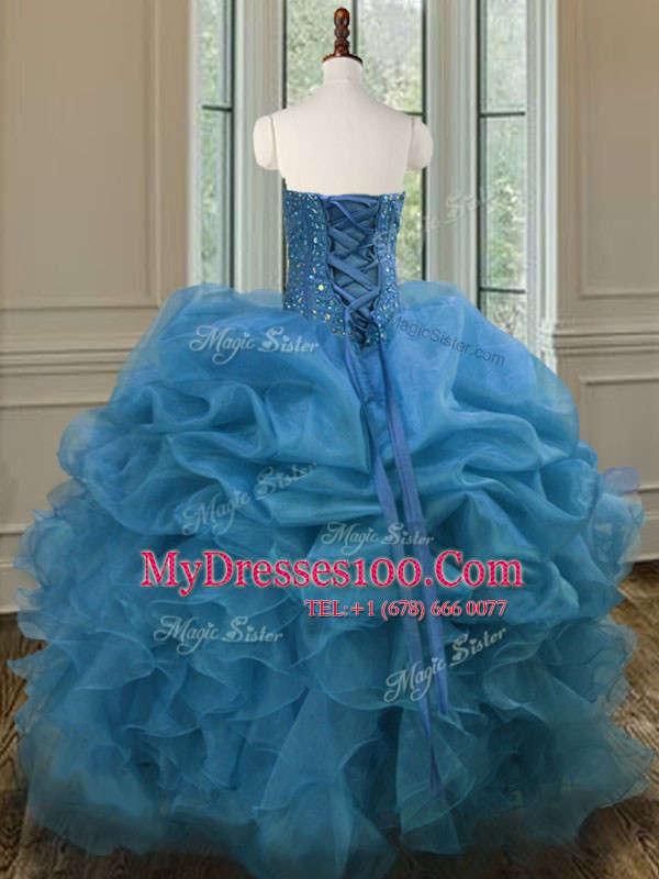 Vintage Ball Gowns Quinceanera Gown Blue Sweetheart Organza Sleeveless Floor Length Lace Up