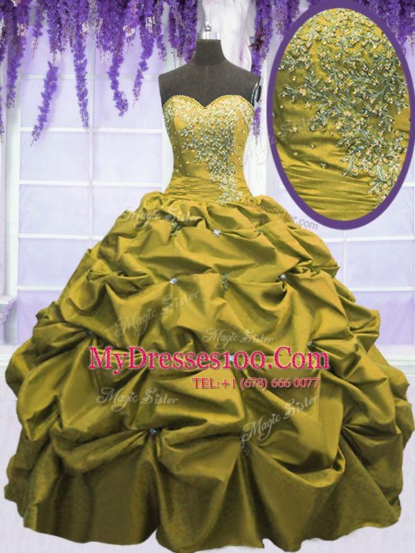 Brown Taffeta Lace Up Sweetheart Sleeveless Floor Length Quinceanera Dresses Beading and Appliques and Pick Ups