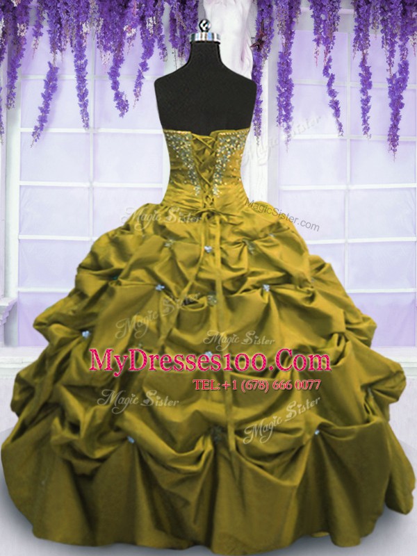 Brown Taffeta Lace Up Sweetheart Sleeveless Floor Length Quinceanera Dresses Beading and Appliques and Pick Ups