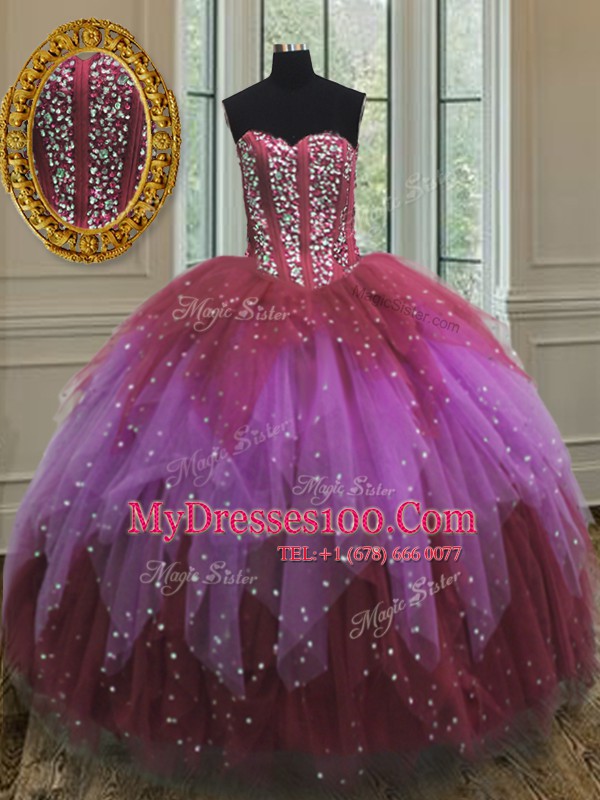 Clearance Sleeveless Tulle Floor Length Lace Up Quinceanera Dress in Multi-color with Beading and Ruffles and Sequins