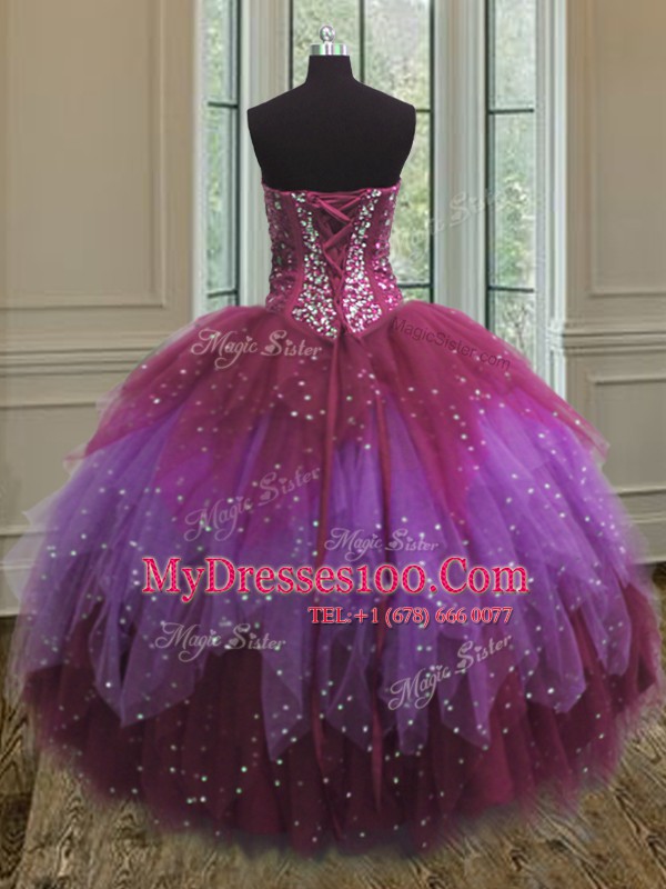 Clearance Sleeveless Tulle Floor Length Lace Up Quinceanera Dress in Multi-color with Beading and Ruffles and Sequins