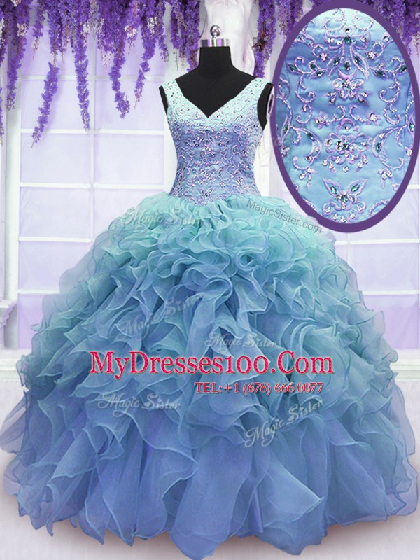 Fine Blue Sleeveless Beading and Embroidery and Ruffles Floor Length Quinceanera Dress
