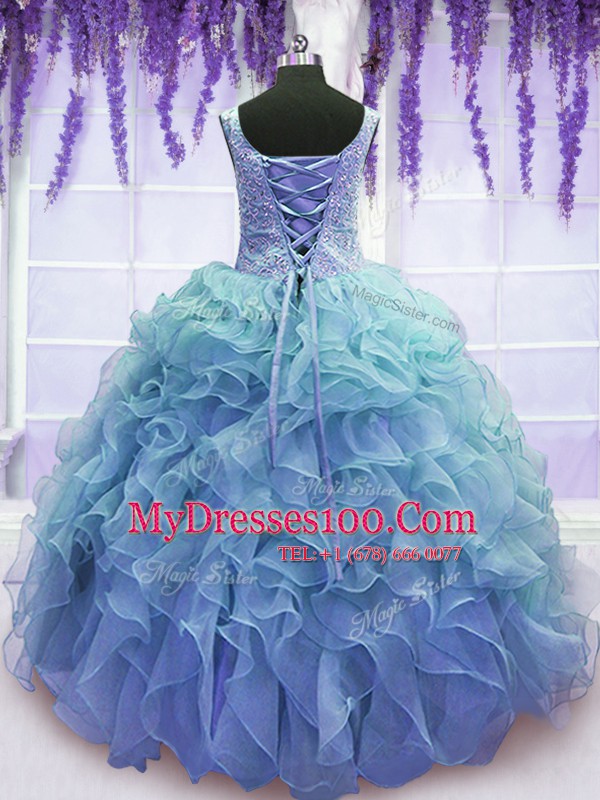 Fine Blue Sleeveless Beading and Embroidery and Ruffles Floor Length Quinceanera Dress