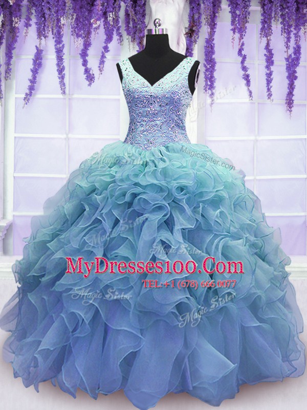 Fine Blue Sleeveless Beading and Embroidery and Ruffles Floor Length Quinceanera Dress