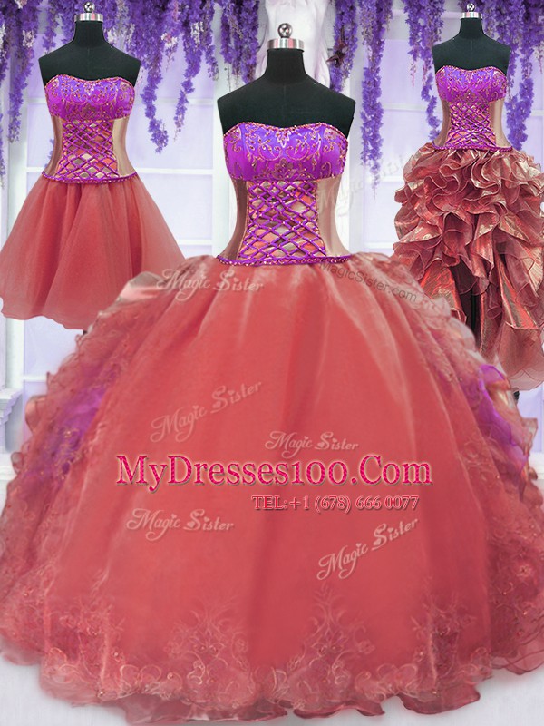 Four Piece Watermelon Red Ball Gowns Strapless Sleeveless Organza Floor Length Lace Up Embroidery and Ruffles Sweet 16 Quinceanera Dress