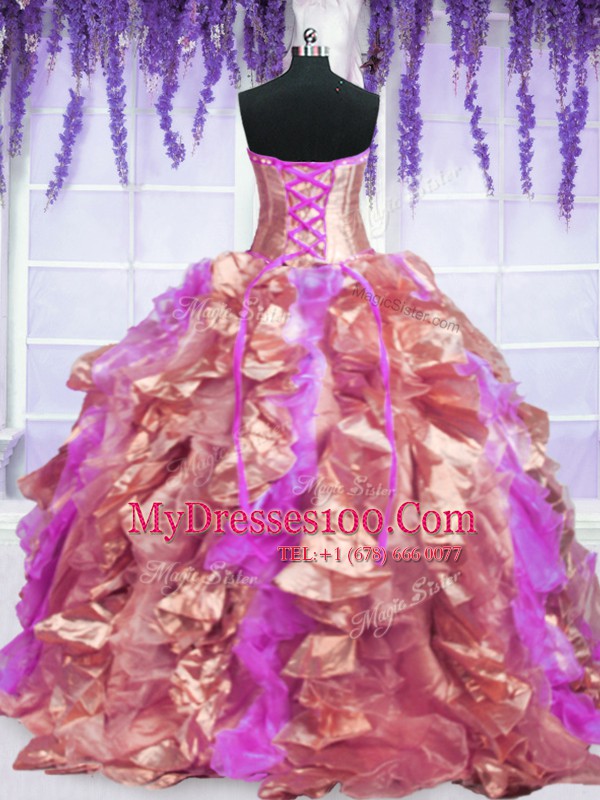 Four Piece Watermelon Red Ball Gowns Strapless Sleeveless Organza Floor Length Lace Up Embroidery and Ruffles Sweet 16 Quinceanera Dress