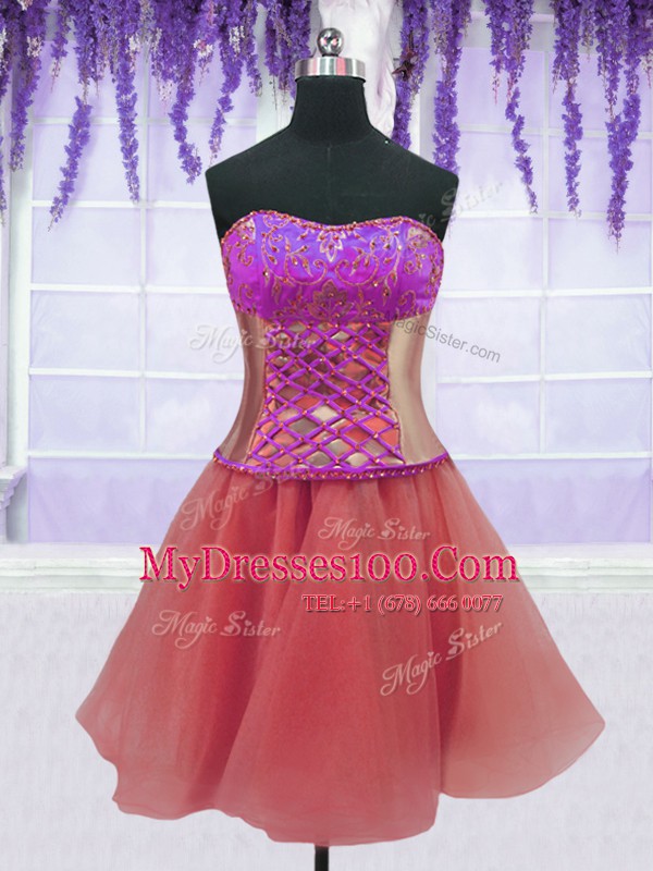 Four Piece Watermelon Red Ball Gowns Strapless Sleeveless Organza Floor Length Lace Up Embroidery and Ruffles Sweet 16 Quinceanera Dress