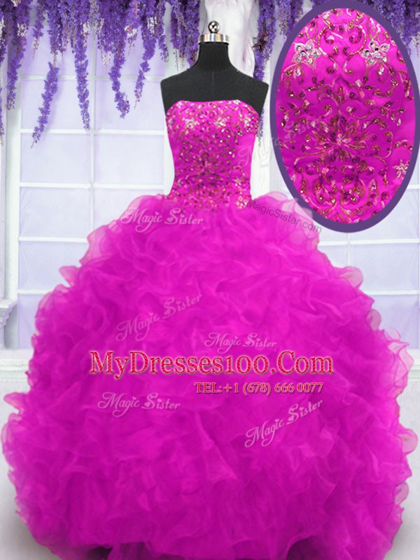 Fuchsia Organza Lace Up Strapless Sleeveless With Train 15th Birthday Dress Brush Train Beading and Appliques and Ruffles