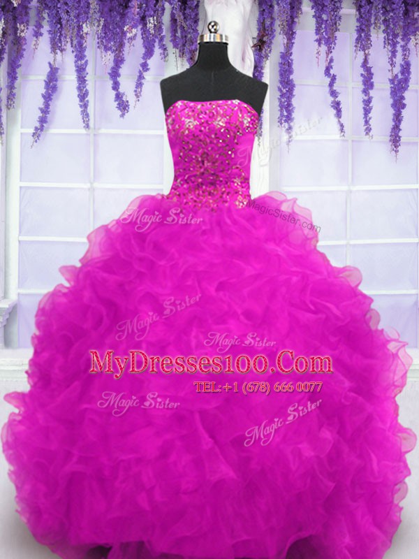 Fuchsia Organza Lace Up Strapless Sleeveless With Train 15th Birthday Dress Brush Train Beading and Appliques and Ruffles