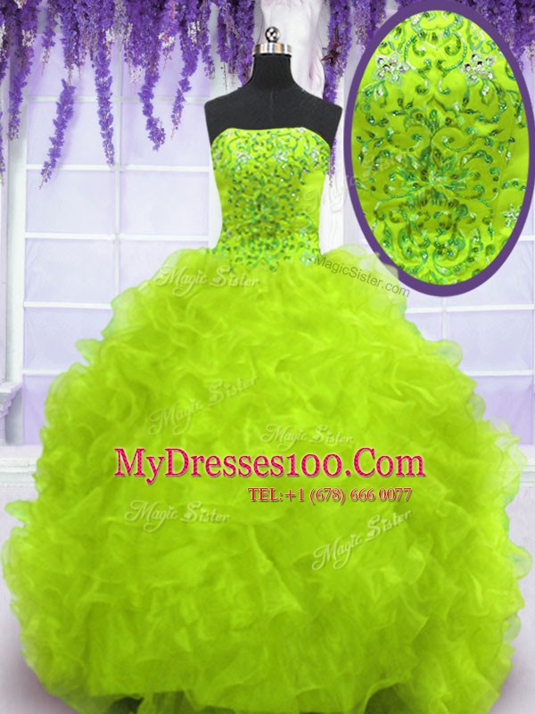 Yellow Green Sleeveless Organza Brush Train Lace Up Quinceanera Dress for Military Ball and Sweet 16 and Quinceanera