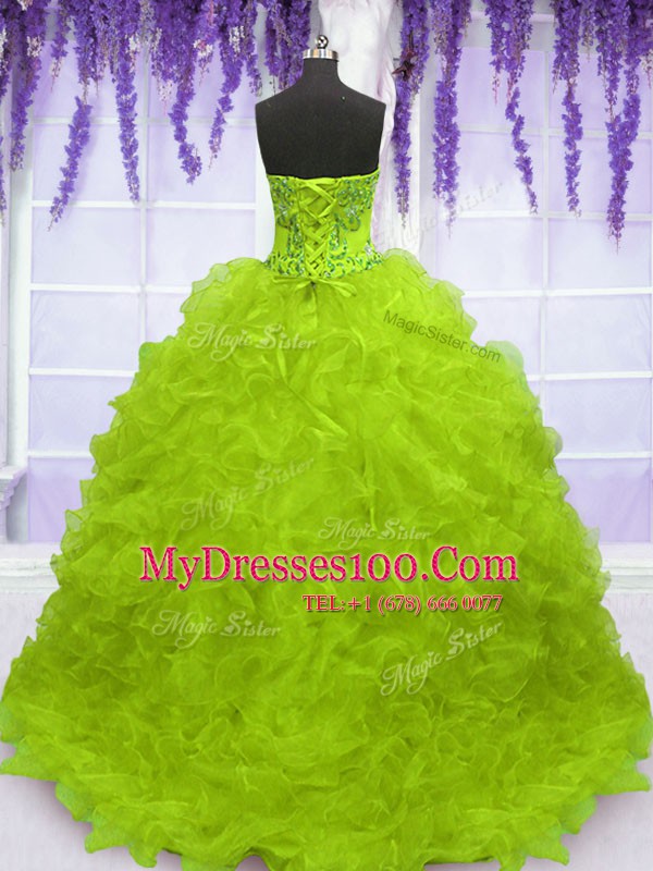 Yellow Green Sleeveless Organza Brush Train Lace Up Quinceanera Dress for Military Ball and Sweet 16 and Quinceanera