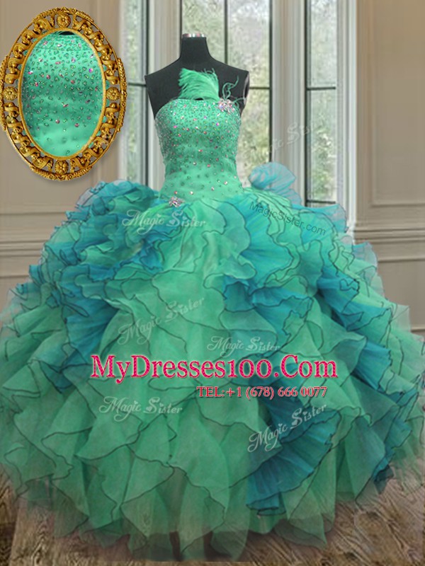 Customized Multi-color Organza Lace Up Strapless Sleeveless Floor Length Quince Ball Gowns Beading and Ruffles
