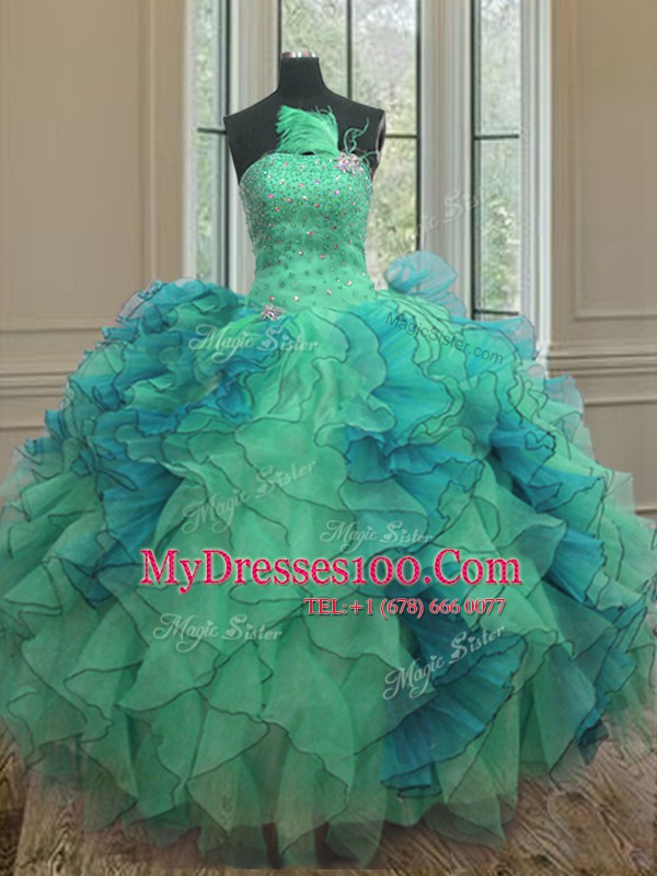 Customized Multi-color Organza Lace Up Strapless Sleeveless Floor Length Quince Ball Gowns Beading and Ruffles
