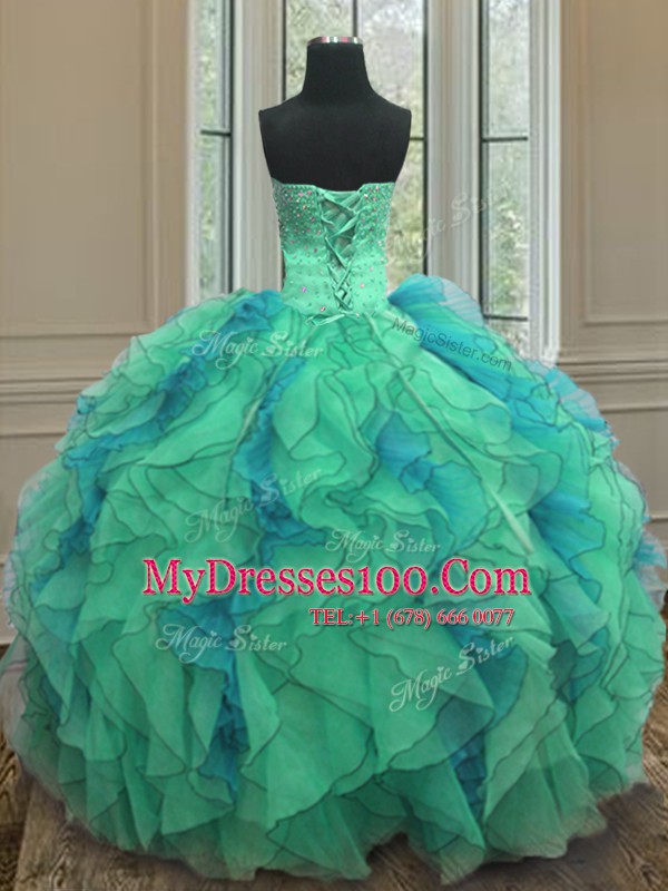 Customized Multi-color Organza Lace Up Strapless Sleeveless Floor Length Quince Ball Gowns Beading and Ruffles